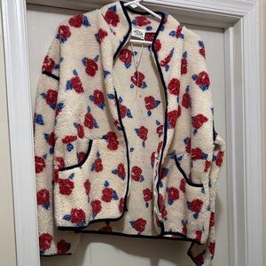 Very J Cream Teddy Jacket with Red and Blue Floral Design